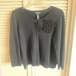 DKNY CARDIGAN WITH KNIT ROSETTE EMBELLISHMENT